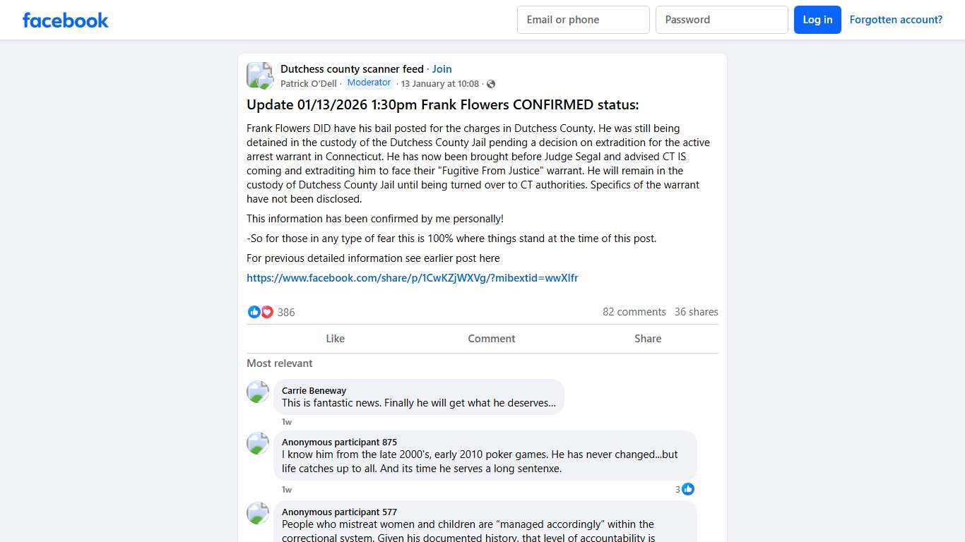 Dutchess county scanner feed Update 01/13/2026 1:30pm Frank Flowers CONFIRMED status: Facebook